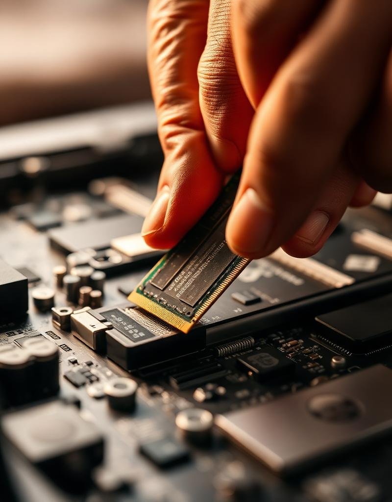 Technician installing RAM into a laptop motherboard